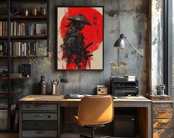 Samurai Ink Wall Art | Japanese Red Sun Print | Bushido Warrior Poster | Katana Martial Arts Decor | Asian Minimalist Ink Painting | Japan