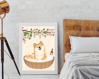 Shiba Inu Cherry Blossom Bath Print: Japanese Onsen Dog Wall Art