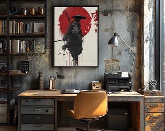 Samurai Ink Wall Art | Japanese Red Sun Print | Bushido Warrior Poster | Katana Martial Arts Decor | Asian Minimalist Ink Painting | Japan
