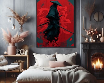 Samurai Ink Wall Art | Japanese Red Sun Print | Bushido Warrior Poster | Katana Martial Arts Decor | Asian Minimalist Ink Painting | Japan