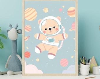 Astronaut Bear Nursery Print: Whimsical Space Adventure Wall Art