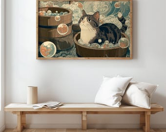 Tabby Cat Bubble Bath Ukiyo-e Print – Whimsical Japanese Wall Art, Cute Cat Bathroom Decor, Traditional Woodblock Style