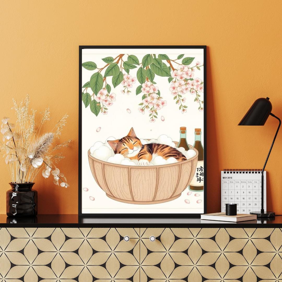 Tabby Cat Bubble Bath Ukiyo-e Print: Japanese Cherry Blossom Art - Etsy
