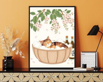 Tabby Cat Bubble Bath Ukiyo-e Print: Japanese Cherry Blossom Art