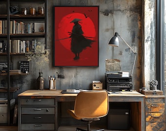 Samurai Wall Art | Japanese Red Sun Poster | Warrior Silhouette Print | Katana Martial Arts Decor | Asian Minimalist Wall Art | Dark Japan A