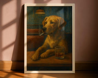 Impresión de perro en el bar • Arte de pared divertido con animales • Decoración de pub retro • Póster de whisky y perro • Regalo de arte de cueva de hombre • Pintura de bar vintage