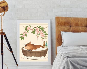 Capybara Hot Spring Bath Art Print: Cherry Blossom Animal Illustration