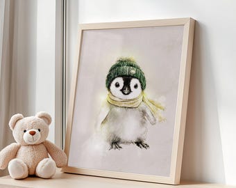 Süßer Pinguin Wandkunst | Mütze Pinguin Print | Kinderzimmer Dekor | Winter Tier Illustration | Kinderzimmer Kunst | Weihnachtsgeschenk