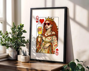 Lámina de arte pop de la Reina de Corazones bebiendo una pinta / Arte mural moderno de cartas de juego / Póster de cartas retro / Obra de arte gráfica llamativa / Lámina escocesa