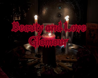 May include: A dimly lit scene with a silver tray holding a lit red candle, flanked by two white candles. The text "Beauty and Love Glamour" is displayed in a red gothic font. Other items are visible.