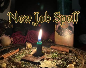 May include: A still-life image featuring a lit green candle, surrounded by herbs, cinnamon sticks, and dried roses. The words "New Job Spell" are displayed in a decorative font above the candle. A candle with an image is in the background.