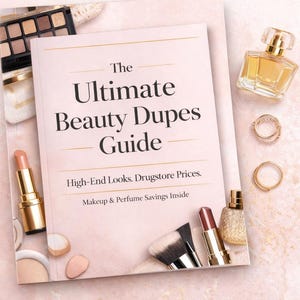 Op de afbeelding: Een beautygids getiteld "The Ultimate Beauty Dupes Guide" met de slogan "High-End Looks. Drugstore Prices." is omringd door make-up en parfum. Een palet, lippenstift, ringen en een parfumflesje zijn zichtbaar.