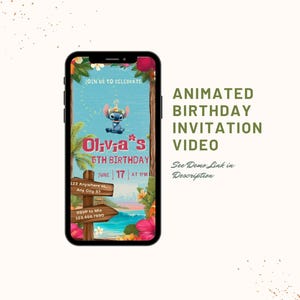 Invitación digital para fiesta de cumpleaños de Lilo Stitch, plantilla de Canva de invitación de video editable, descarga digital