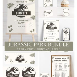 Peut inclure: Ensemble de fête sur le thème de Jurassic Park, comprenant des invitations, des étiquettes de remerciement et une affiche de bienvenue. L'affiche indique "Bienvenue à la 7e fête d'anniversaire de Luke" avec un dinosaure.