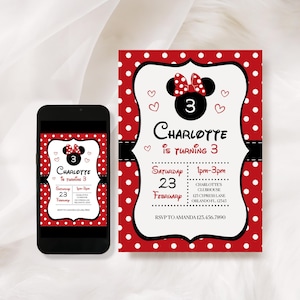 Invitación de cumpleaños de Minnie Mouse, plantilla editable de Canva (descarga digital, 13 x 18 cm)