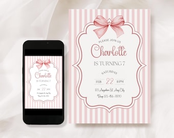 Pink Coquette Bow Birthday Invitation, Girls Party, Canva Template (5x7) (Digital Download)
