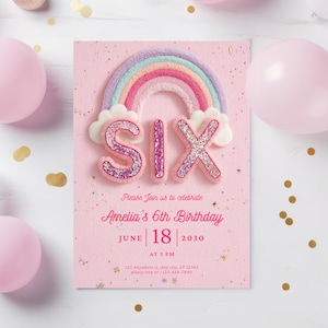 Rainbow zesde verjaardagsuitnodiging, roze glitter, canvassjabloon (digitaal)