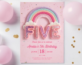 Invitación editable para el quinto cumpleaños, invitación para el quinto cumpleaños, invitación personalizada, invitación de cumpleaños para niños, arcoíris rosa colorido