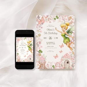 May include: A birthday invitation and a smartphone displaying the same design. The invitation features a fairy illustration, floral accents, and the text "Olivia's 5th Birthday." The smartphone screen mirrors the invitation's design.