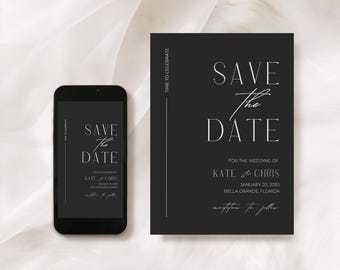 Save the Date wedding invitation, Modern Minimalist Black and White (Digital Download)