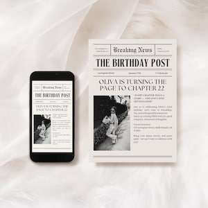 Editable Newspaper Birthday Invitation, Digital Download Canva Template, 5x7 printable and electronic invitation