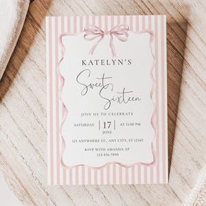 Pink Coquette Bow Birthday Invitation, Girl Sweet 16 party Invite, Canva Template