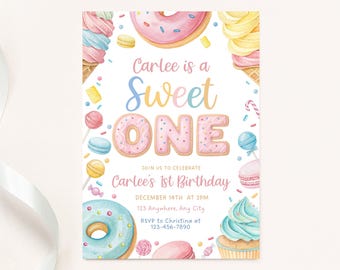 First Birthday Invitation, Sweet One Party, Girls 1st Invite, Canva Template