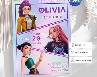 Kpop Demon Hunters Birthday Invitation, Editable Canva Template, Instant Download (Digital Download)