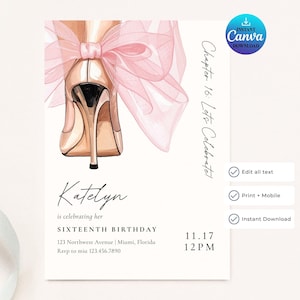 Könnte beinhalten: Eine weiße Einladungskarte mit einer Illustration eines goldenen High Heels und einer rosa Schleife. Der Text lautet "Katelyn feiert ihren SECHZEHNTEN GEBURTSTAG" mit Veranstaltungsdetails. Die Worte "Kapitel 16: Lasst uns feiern!" sind ebenfalls enthalten.