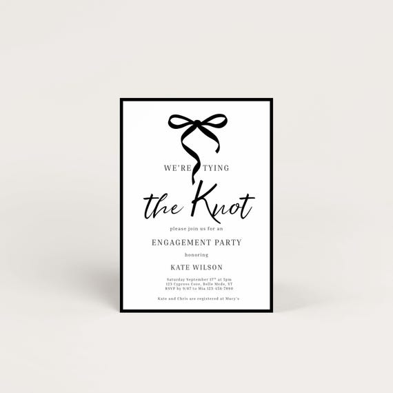 Engagement Party Invitation, Black Bow Invite, Tying The Knot (Canva Template)
