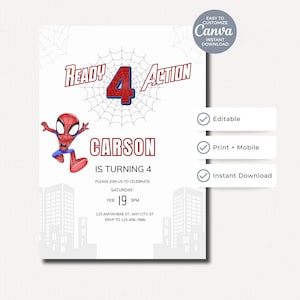 Spidey Birthday Invitation, Ready Four Action, 4th Birthday Invite, Canva Template