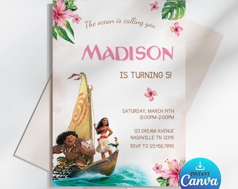 Plantilla de invitación de cumpleaños de Moana, invitación digital de Moana, Canva editable (descarga instantánea, 13x18 cm)