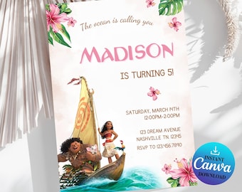Bearbeitbare Moana-Geburtstagseinladung: Canva-Vorlage (Digitaler Download)