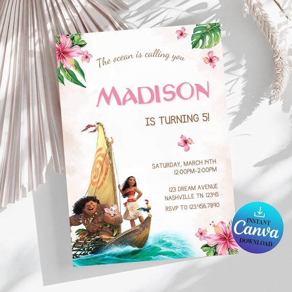 Editable Moana Birthday Invitation: Canva Template (Digital Download)