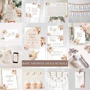 May include: A selection of baby shower stationery and decorations in neutral tones. Includes invitations, signage, cupcake toppers, and a banner that reads "BABY". The text "Baby Shower Mega Bundle" is also visible.