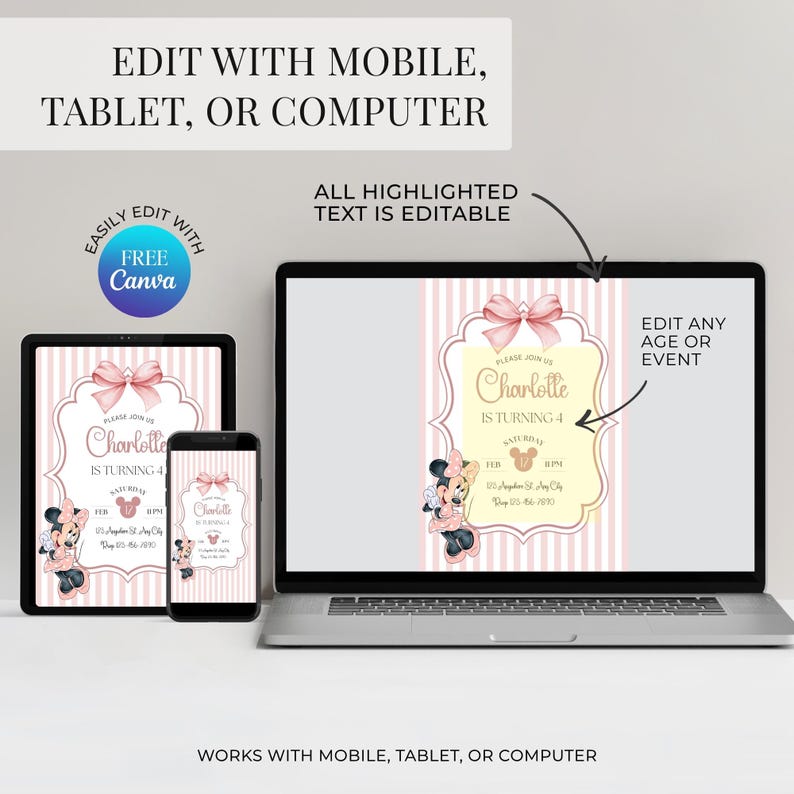 Minnie Mouse birthday invitation, pink white stripe bow, kids birthday Disney invite image 4