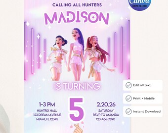 Kpop Demon Hunters Geburtstagseinladung Vorlage, Anime Party einladen (Instant Download)