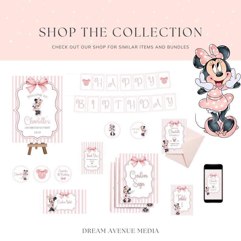 Minnie Mouse birthday invitation, pink white stripe bow, kids birthday Disney invite image 6