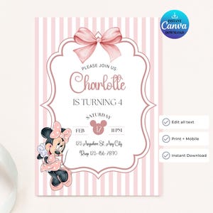 Minnie Mouse birthday invitation, pink white stripe bow, kids birthday Disney invite