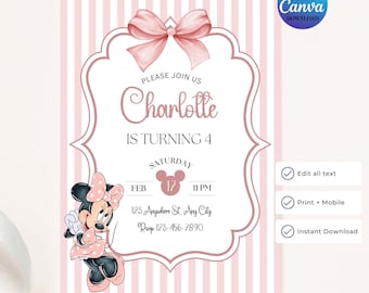 Minnie Maus Geburtstagseinladung, rosa weiß gestreifte Schleife, Kindergeburtstag Disney einladen