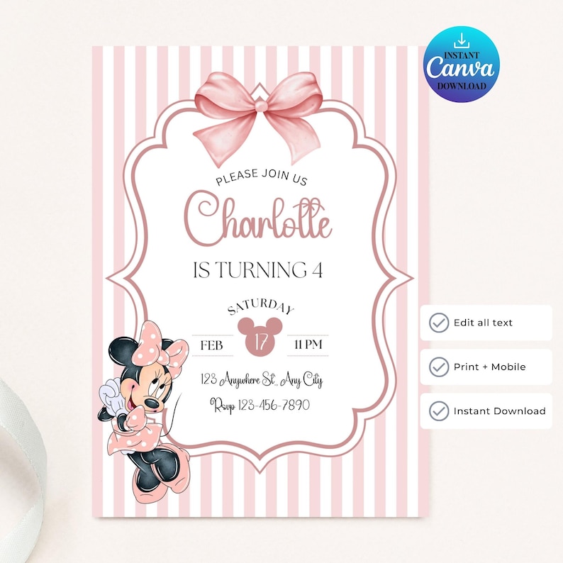 Minnie Mouse birthday invitation, pink white stripe bow, kids birthday Disney invite image 1