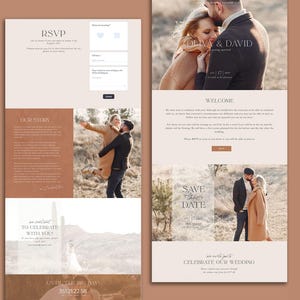Può includere: Un design di sito web di matrimonio con una tavolozza di colori neutri. Il sito web include sezioni per RSVP, la storia della coppia e un annuncio "Save the Date". Le foto della coppia sono presenti in tutto il design. Il sito web include anche la data del matrimonio.