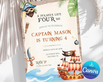 Inbjudan till piratfödelsedag | 4-årsdag, Canva-mall (digital nedladdning)