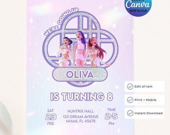 Kids Kpop Birthday Invitation, Editable Canva Template, Instant Download