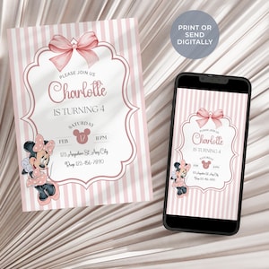 Minnie Mouse birthday invitation, pink white stripe bow, kids birthday Disney invite image 2