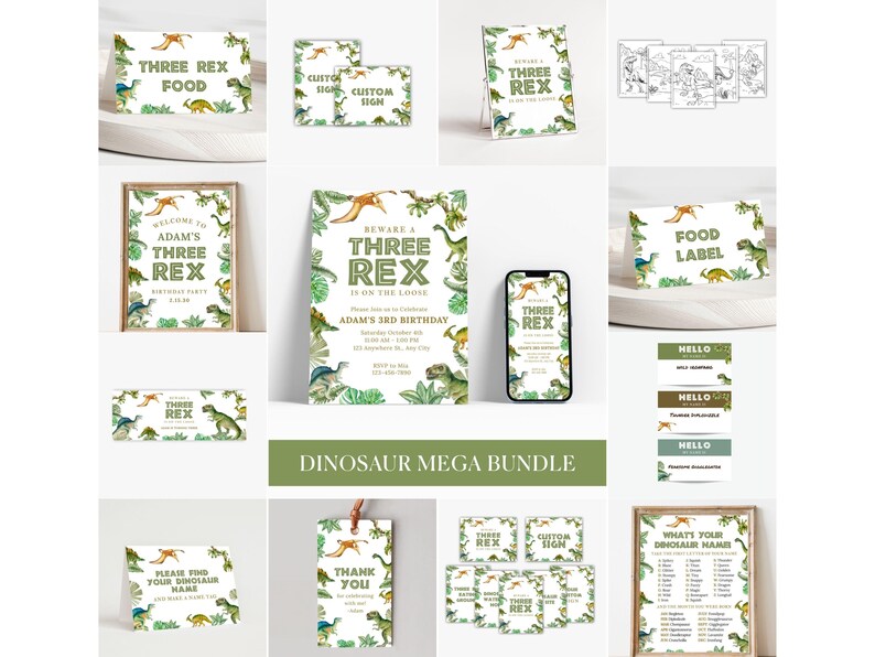 Editable Dinosaur Birthday Party Bundle, Canva Templates (digital ...