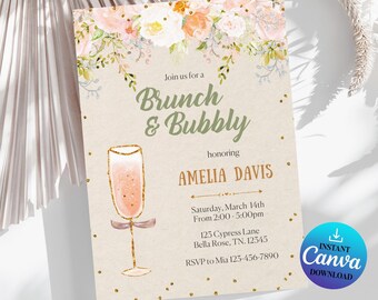 Floral Brunch Invitation Template, Champagne Bridal Shower, Editable Canva (Digital Download)