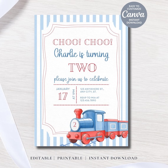 Train 2nd Birthday Invitation, Choo Choo Party (Digital Printable)