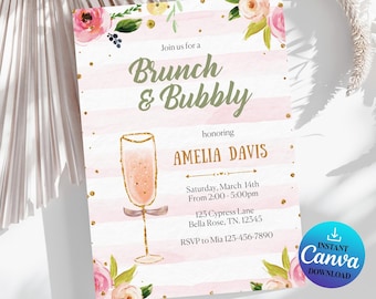 Brunch and Bubbly Invitation Template, Floral Champagne, Editable Canva Invite (Digital Download