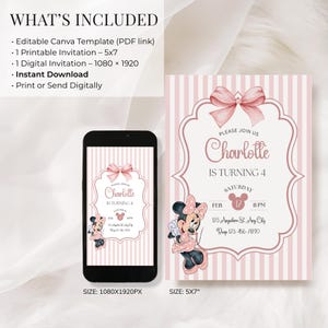 Minnie Mouse birthday invitation, pink white stripe bow, kids birthday Disney invite image 3